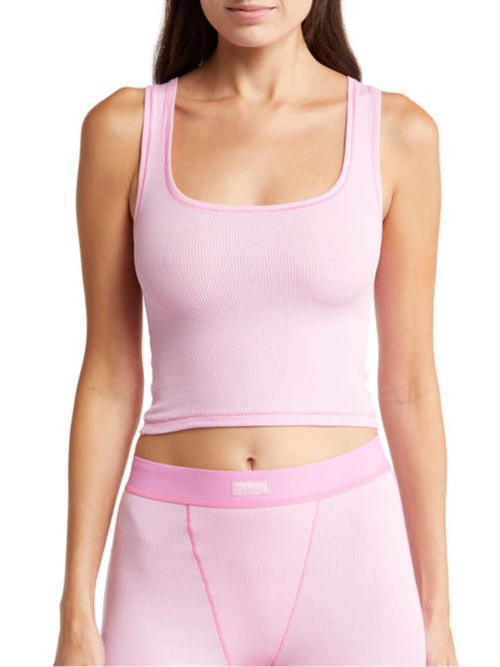 SKIMS Cotton Stretch Rib Cozy Lounge Sleeveless Bubble Gum Pink Tank Top EUC S